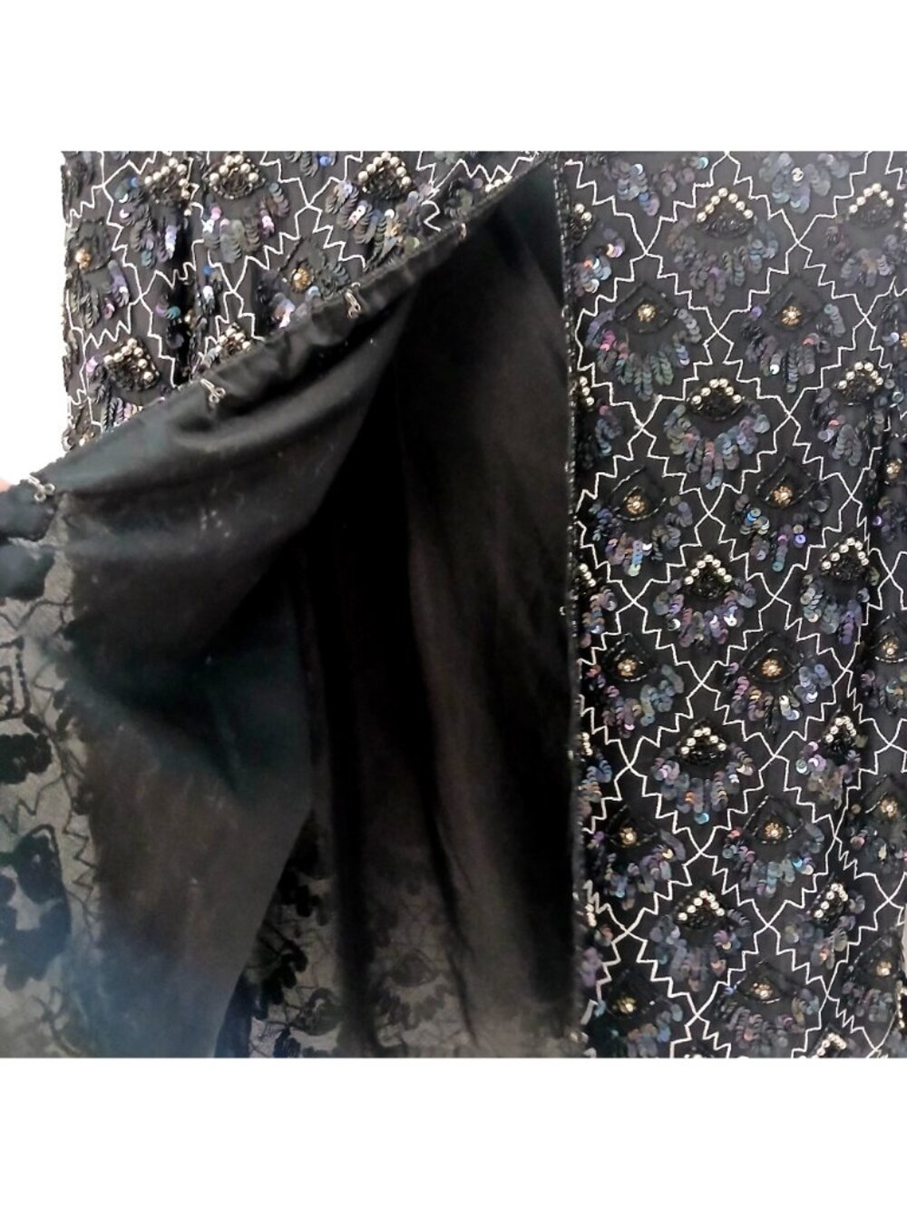 VTG Laurence Kazar Sz L Black Silver 100% Silk Sequin Bead Jacket Formal  #T-27 - Picture 5 of 12